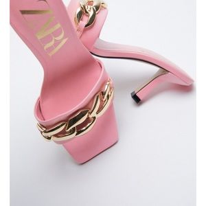 NWT ZARA Heeled Sandals With Chain Detail Gold Pink 9/40